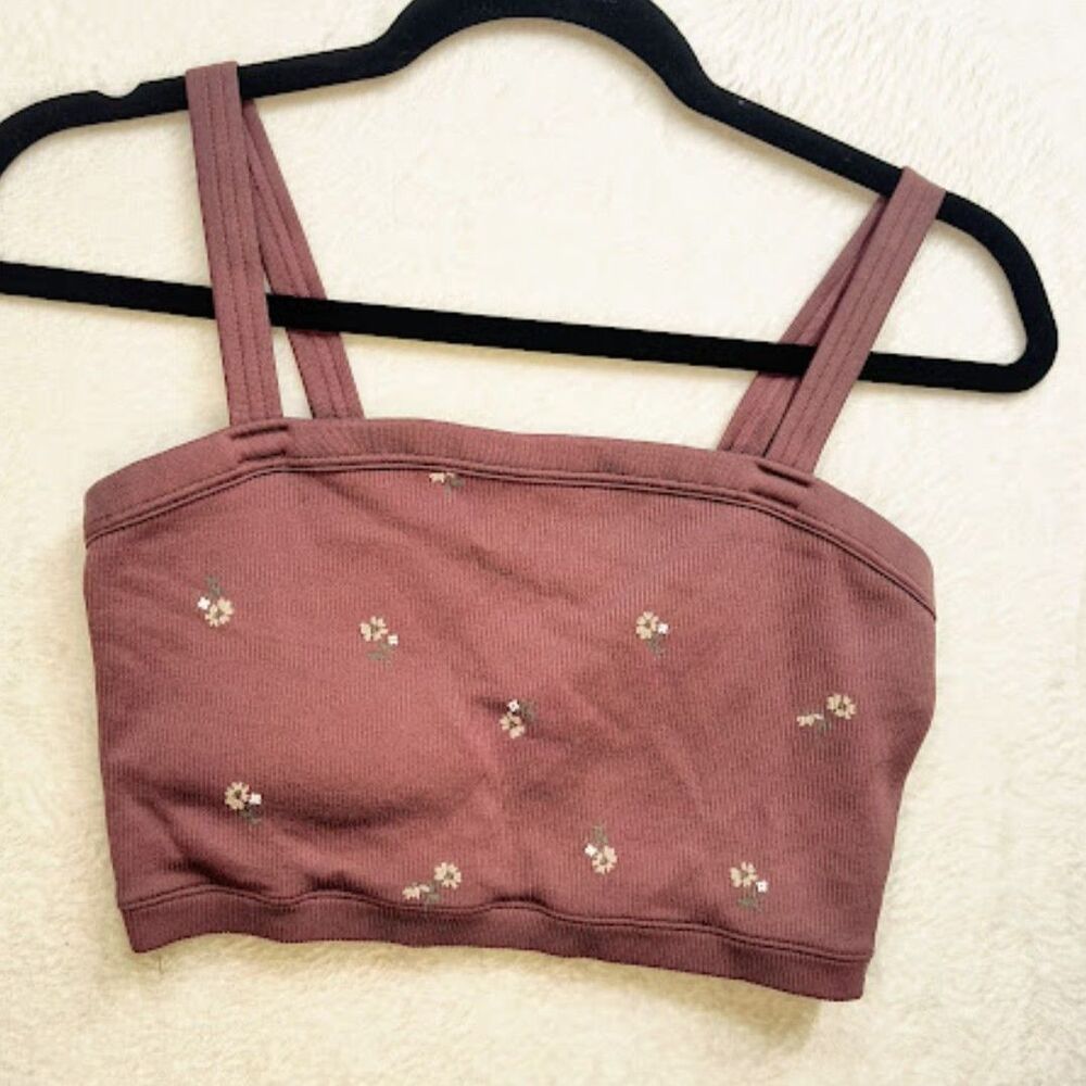 Gilly Hicks Floral Ribbed Crop Top Cami Seamless Mauve Pink Bralette Tank Size M